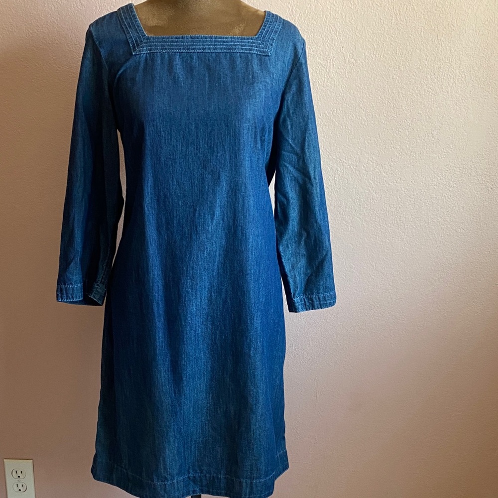 TALBOTS  Indigo Denim 3/4 Sleeve Square Neck Dress 100% Cotton